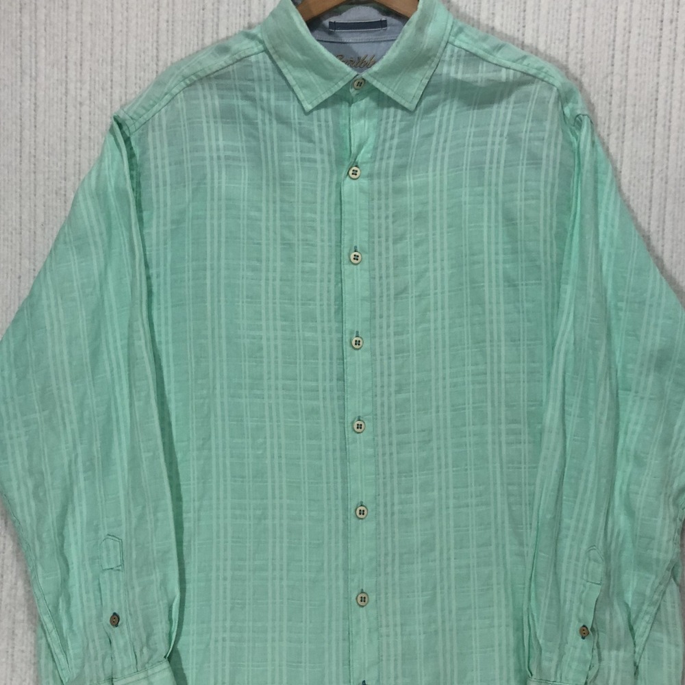 Caribbean Mens XLT Mint Green Linen Blend Striped Long Sleeve Button Down Shirt